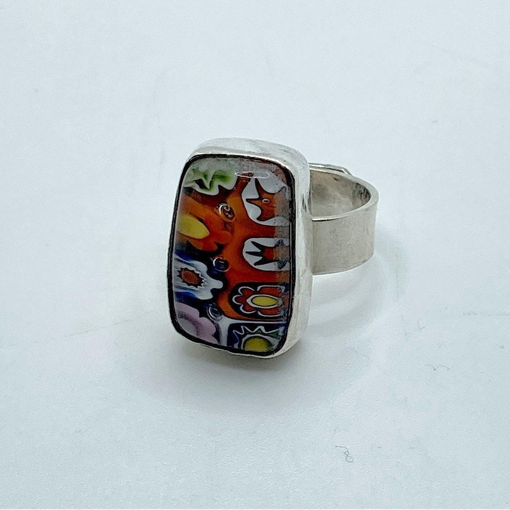 𝅺vtg Sterling Millefiori Floral Murano Glass Cocktail Ring Sz 8 Adjustable